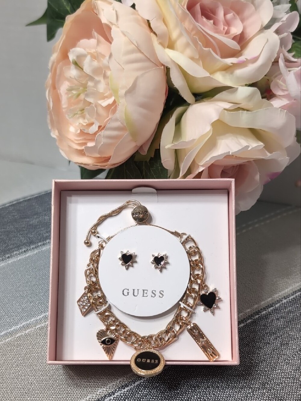 Guess Rose Gold Charm Bracelet & Earrings w/ Black Stone Accents